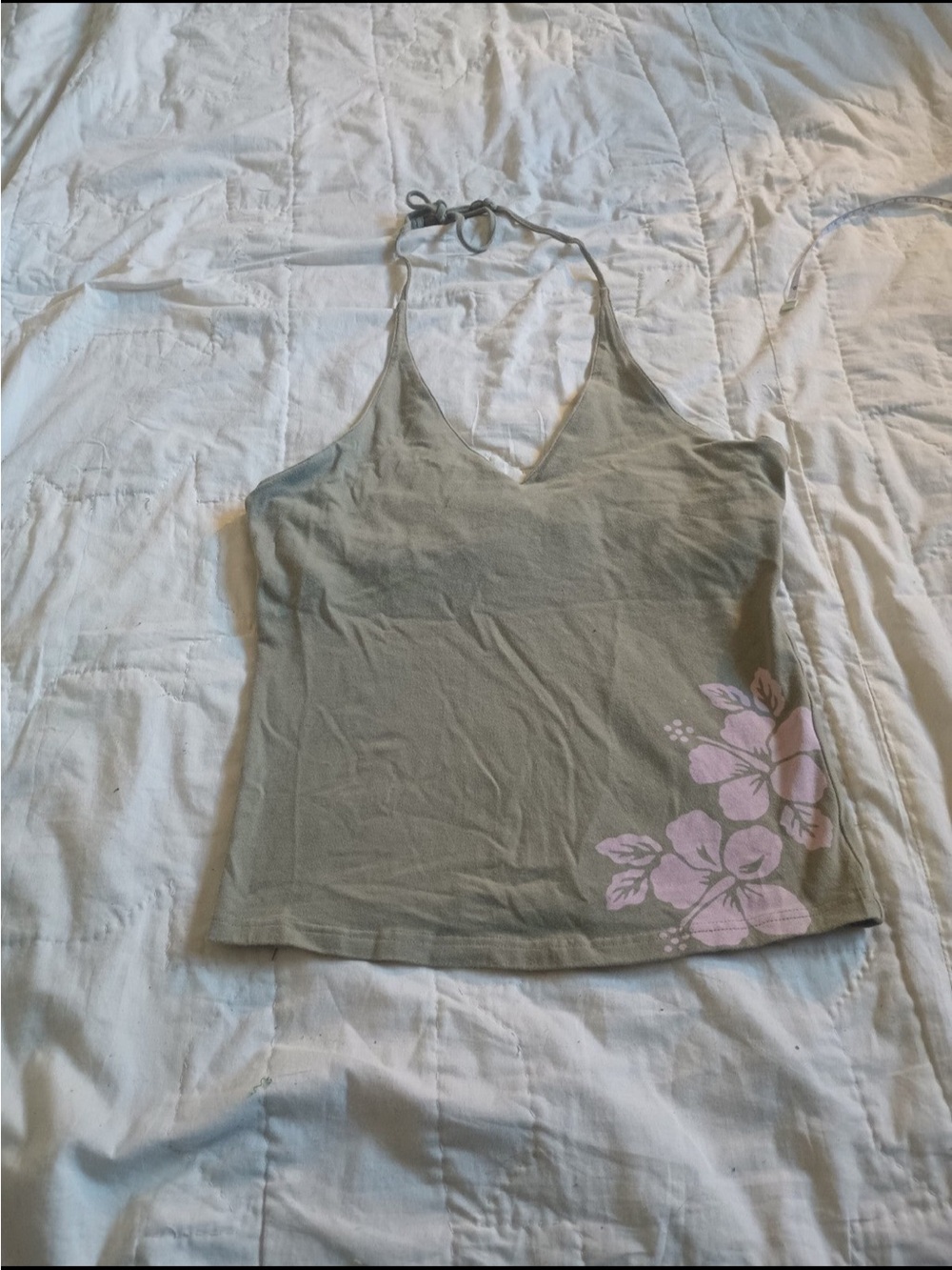 Women’s Olive Green Halter Tank with Pink Floral Accent